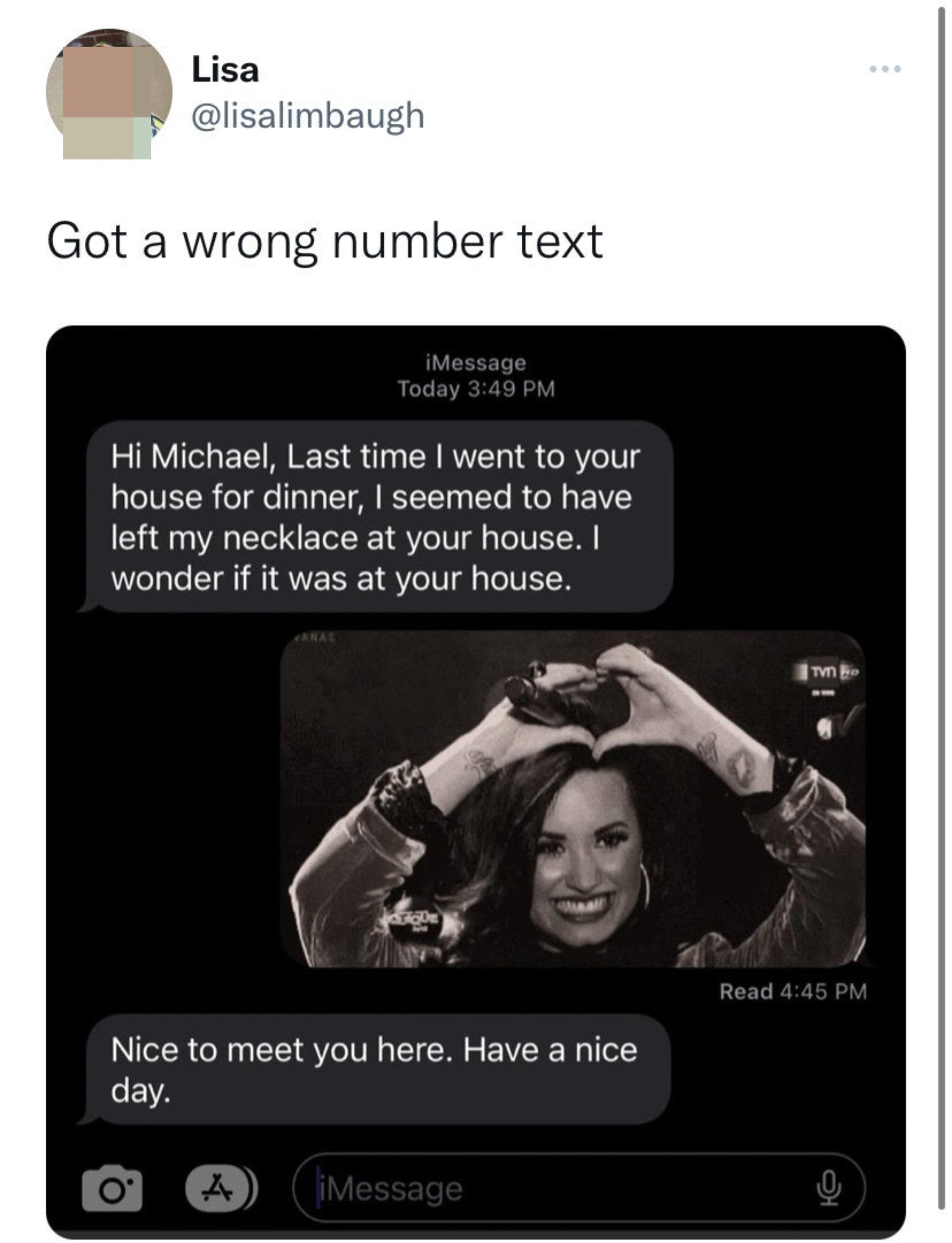 Wrong number text asks about necklace left at their house and gets a photo of Demi Lovato smiling, and they respond with &quot;Nice to meet you, have a nice day&quot;