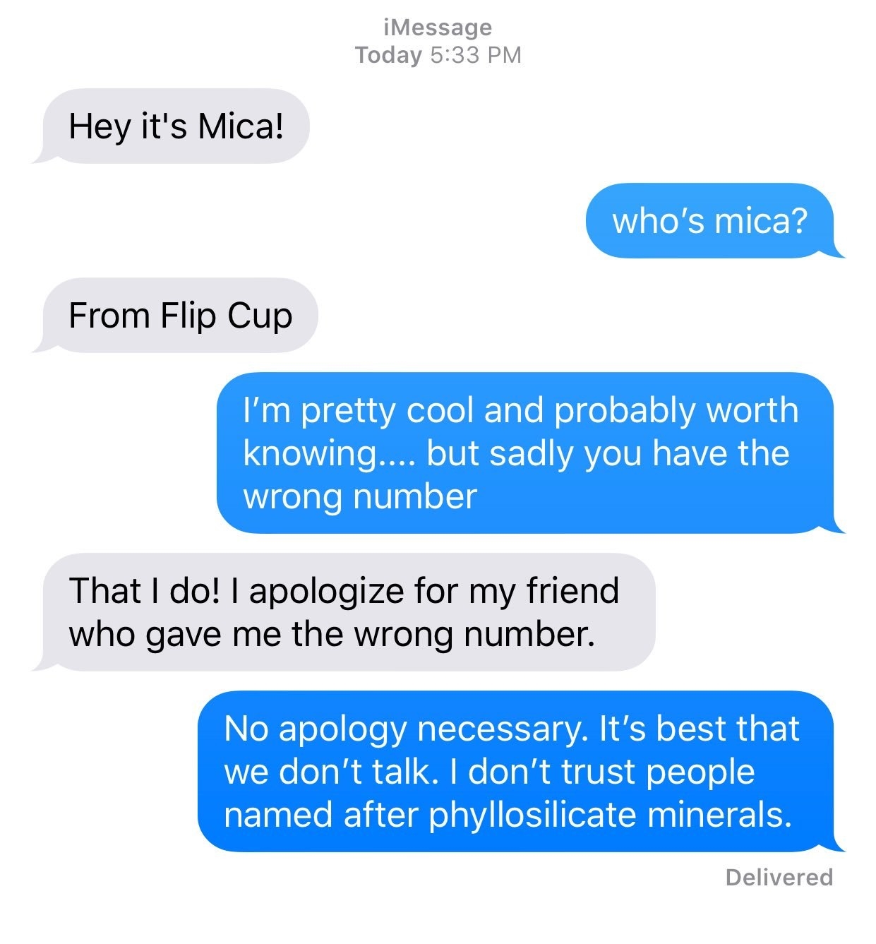 Text from &quot;Mica&quot; ends up being the wrong number, and after Mica apologizes, person says &quot;No apology necessary; it&#x27;s best that we don&#x27;t talk because I don&#x27;t trust people named after phyllosilicate minerals&quot;