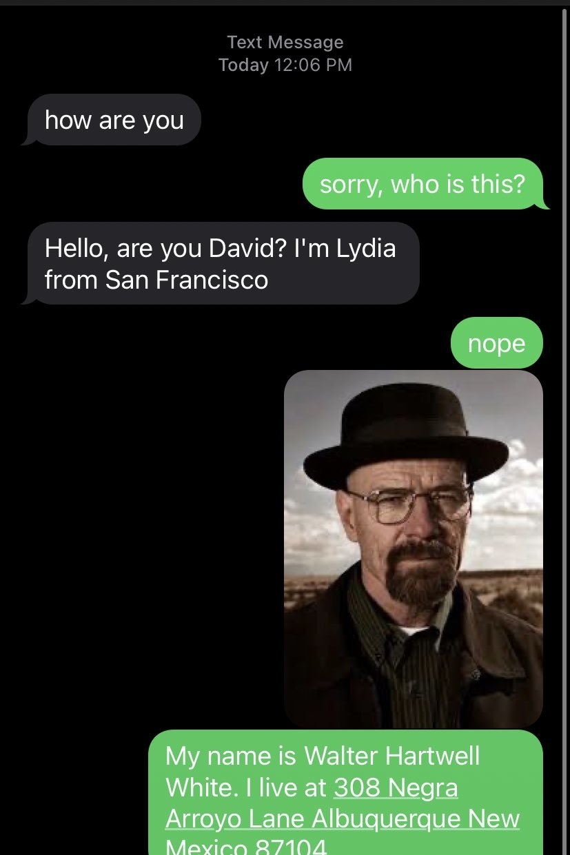 Person asks if they&#x27;re &quot;David,&quot; and person responds no, &quot;My name is Walter Hartwell White&quot; in Albuquerque, and attaches a photo of Walter White from Breaking Bad