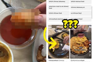 blurred out food getting dipped into sauce and arrow pointing to tiktok screenshot with various plates of food and question marks