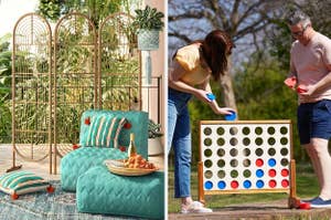 on left: wicker patio screen behind blue outdoor chair and ottoman. on right: models play giant 4 in a Row yard game 