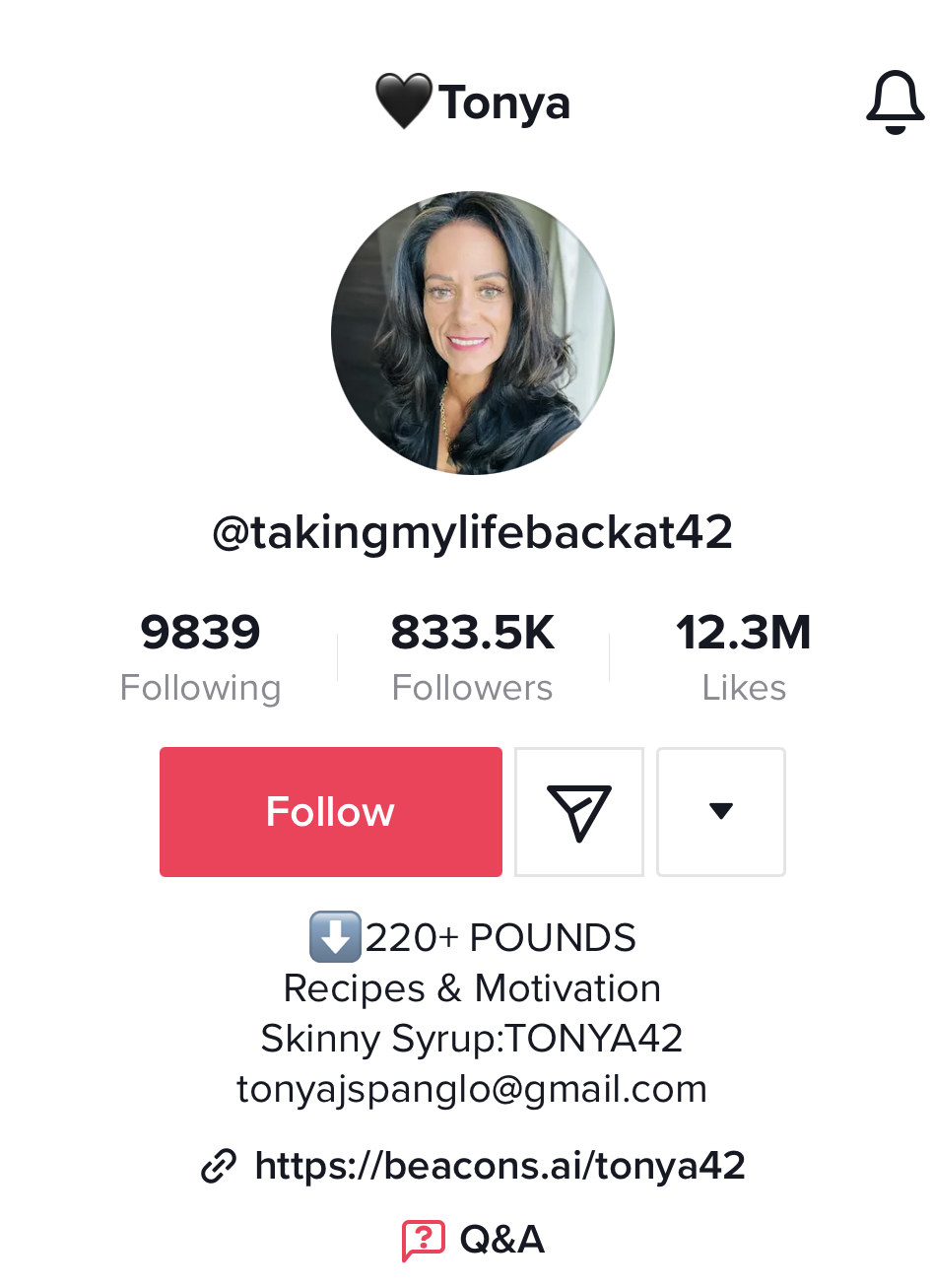 Tonya&#x27;s TikTok profile: down 220+ pounds, recipes and motivation, and a code for Skinny Syrup