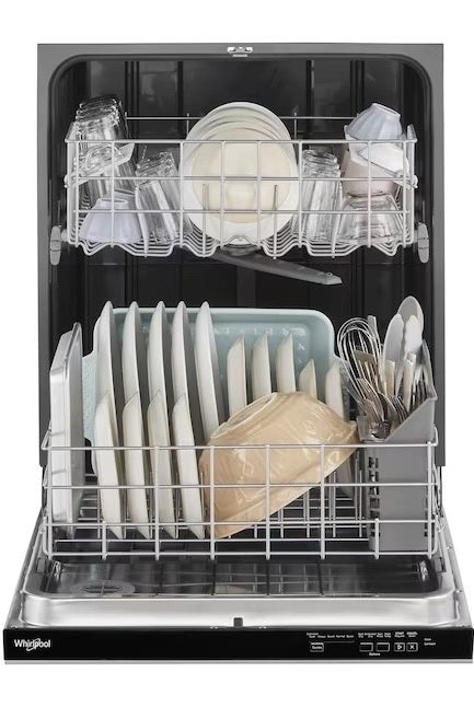 a black and silver dishwasher holding clean utensils, dishes, bowls, and glasses