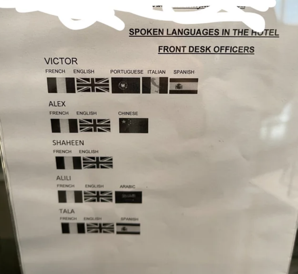 A guide for hotel guests to know what languages the staff speaks