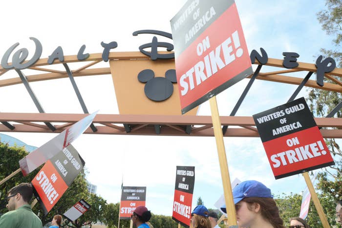 The Writers Guild of America protesters holding picket signs