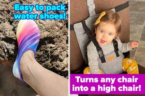 L: a reviewer wearing a sock-like water shoe and text reading "Easy to pack water shoes!", R: a toddler in a harness strapped to a chair and text reading "Turns any chair into a high chair!"