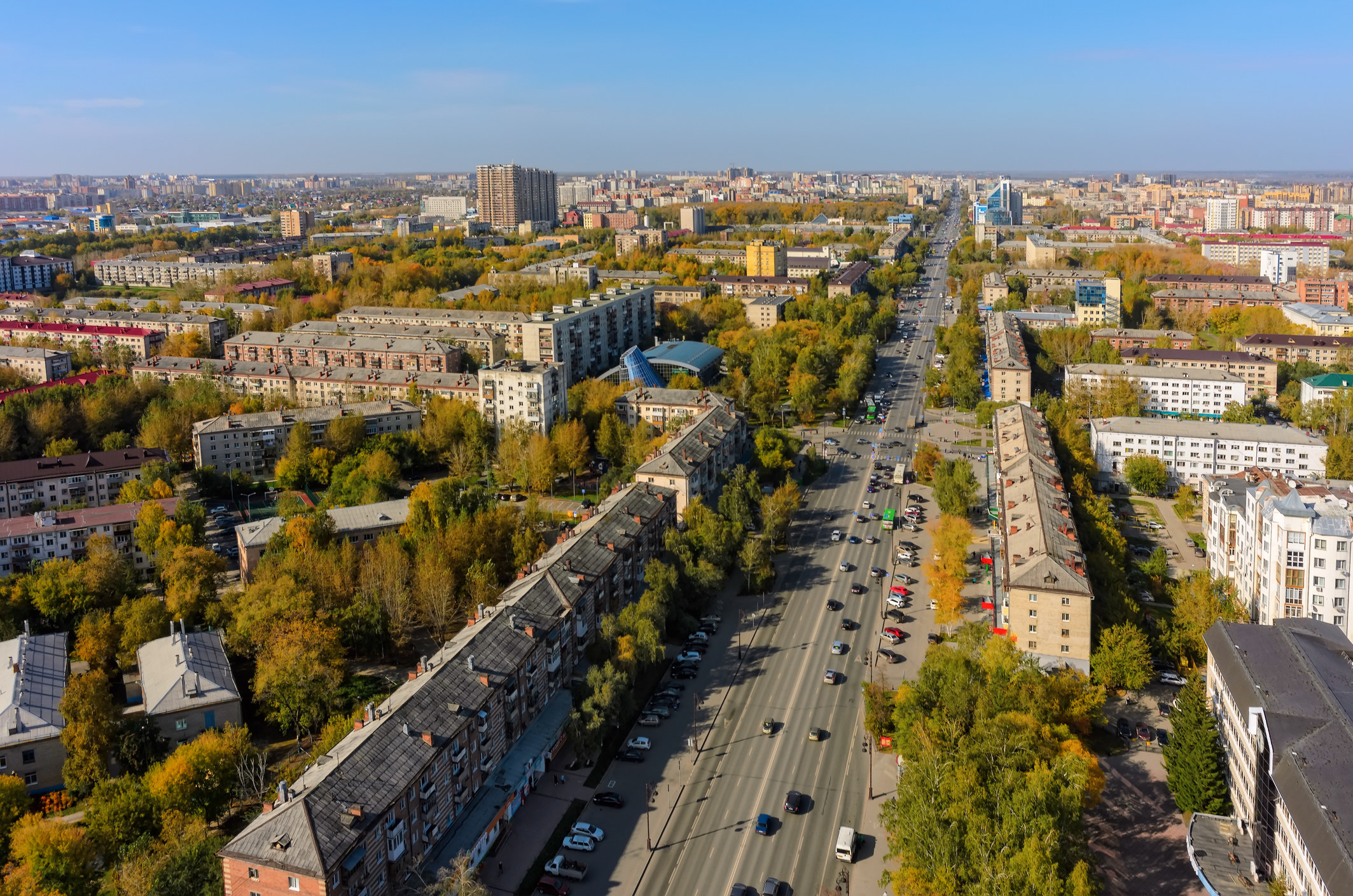 city view of tyumen, russia, with many homes and apartment buildings