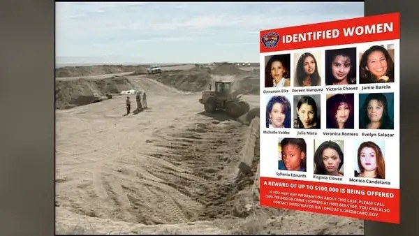 crime scene in the desert and photos of the identified women victims