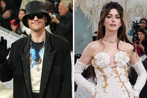 On the left, Pete Davidson at the Met Gala, and on the right, Anne Hathaway at the Met Gala