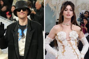 On the left, Pete Davidson at the Met Gala, and on the right, Anne Hathaway at the Met Gala