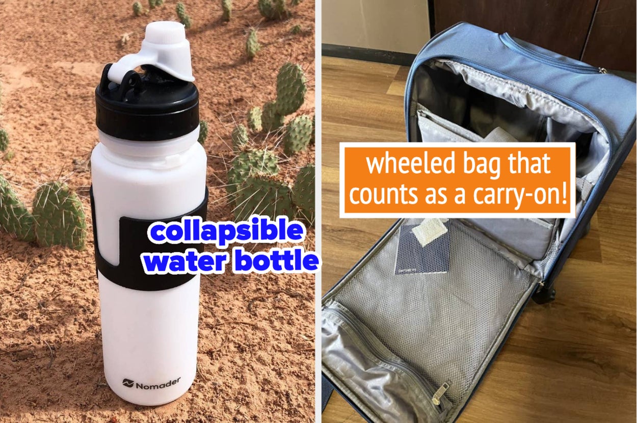 reviewer's white collapsible water bottle / reviewer's wheeled bag