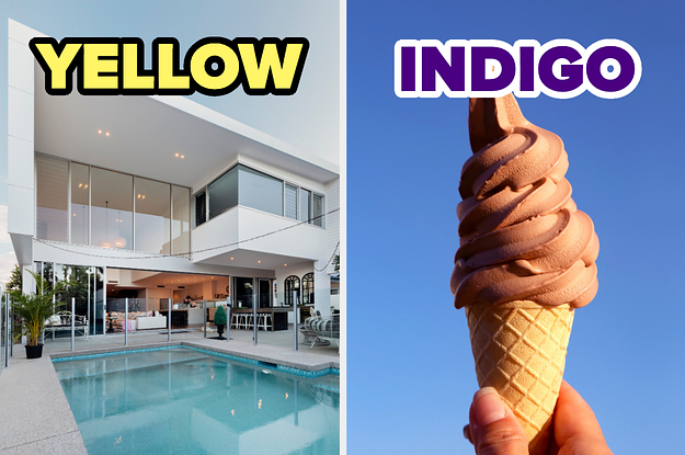 On the left, a modern home with a pool out back labeled yellow, and on the right, someone holding a soft serve chocolate cone labeled indigo