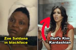 A side-by-side of Zoe Saldana in blackface as Nina Simone, and Kim Kardashian in the movie "Disaster Movie"