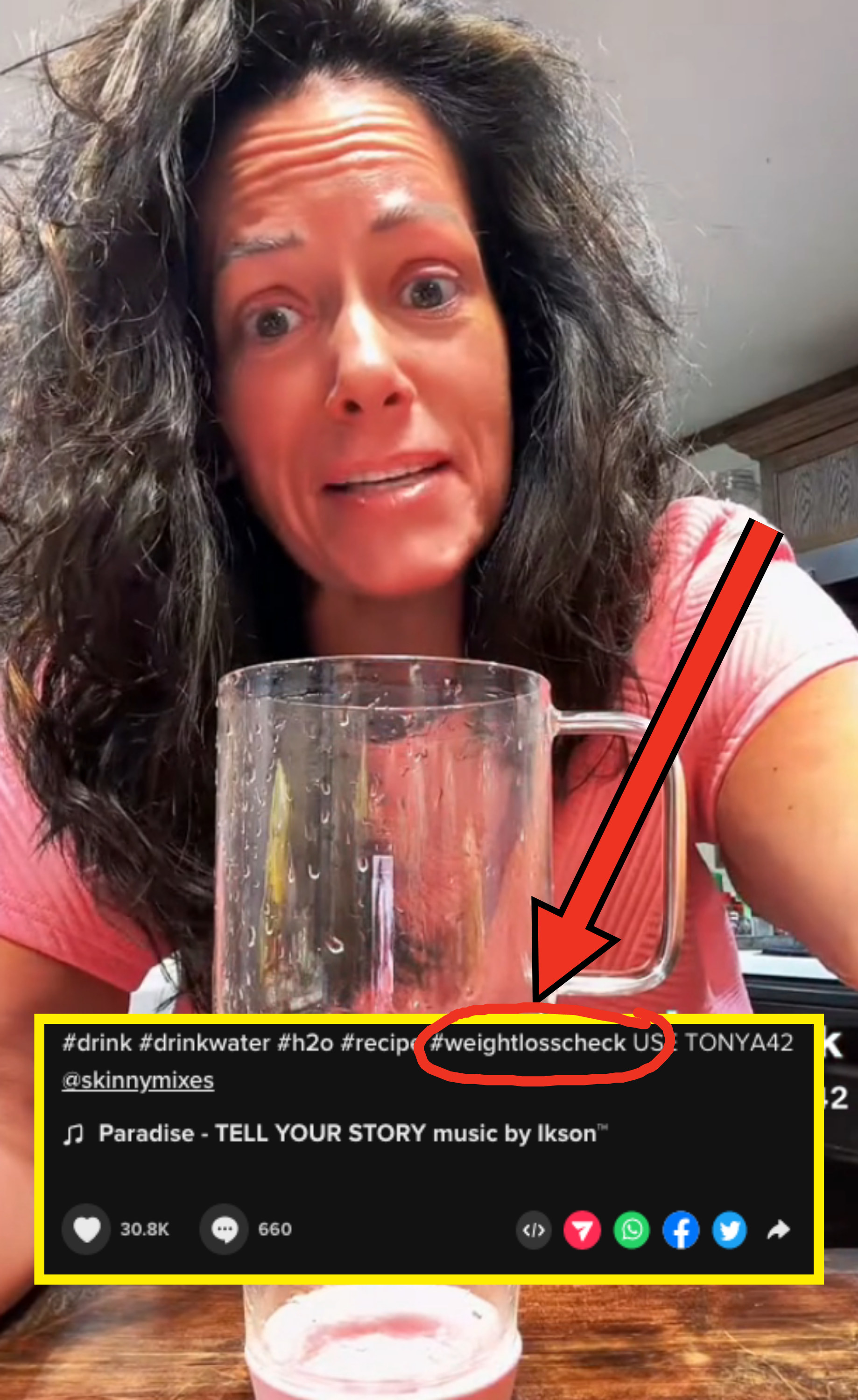Tonya making a water recipe and the hashtag #weightlosscheck in the caption