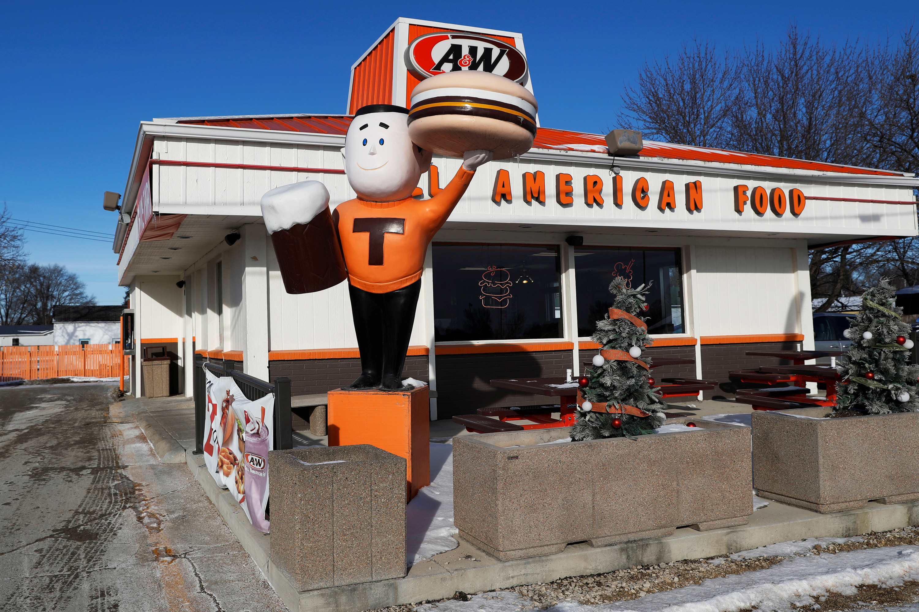 The exterior of an A&amp;amp;W root beer restaurant is seen in Emmetsburg, Iowa, U.S.