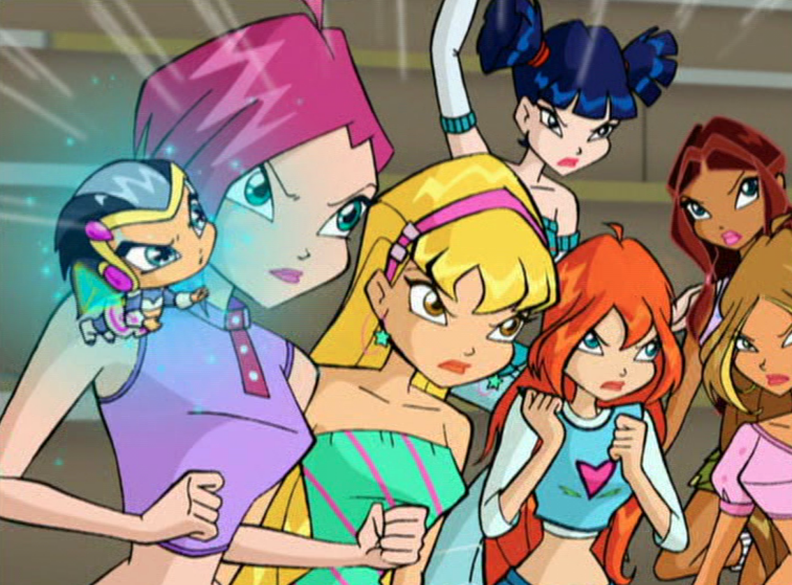Winx Club screencap, depicting Bloom, Stella, Flora, Tecna, Musa, and Aisha