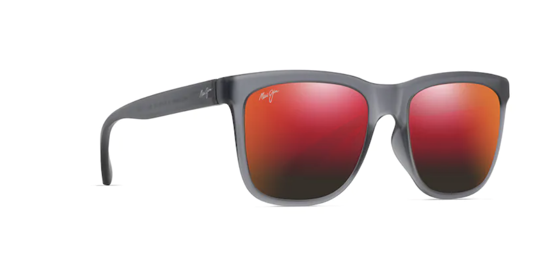 A pair of grey Maui Jim sunglasses with red reflective lenses