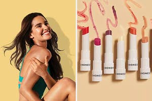 on left: model rubbing sunscreen lotion on their skin. on right: tubes of Honest Beauty tinted lip balm