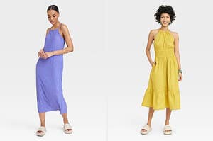 Model wearing purple dress and model wearing yellow dress