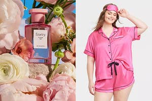 on left: pink Fine'ry perfume bottle surrounded by roses. on right: model wearing silky pink PJ set