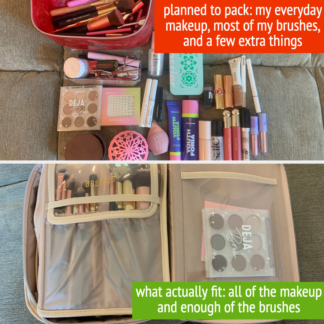 inside of the bag packed with makeup