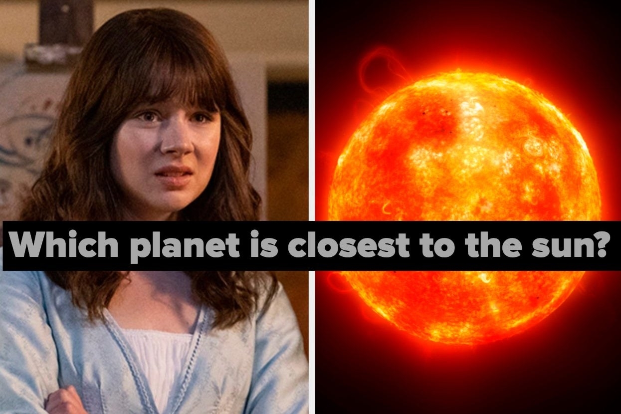 On the left, Eloise Bridgerton furrowing her brows in confusion, and on the right, the sun with which planet is closet to the sun typed in the middle