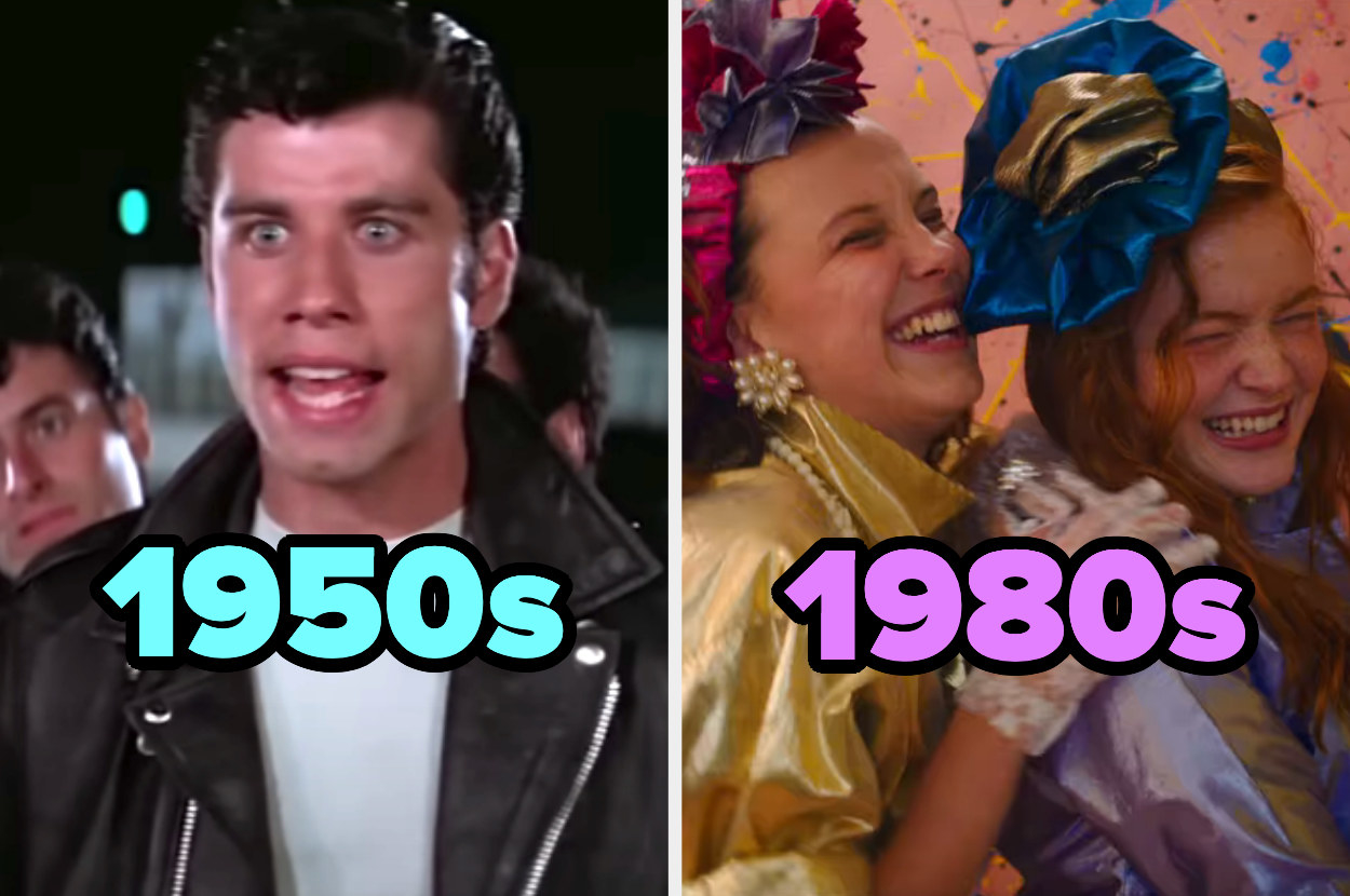 On the left, John Travolta as Danny in Grease labeled 1950s, and on the right, Eleven and Max from Stranger Things taking glamour shots labeled 1980s
