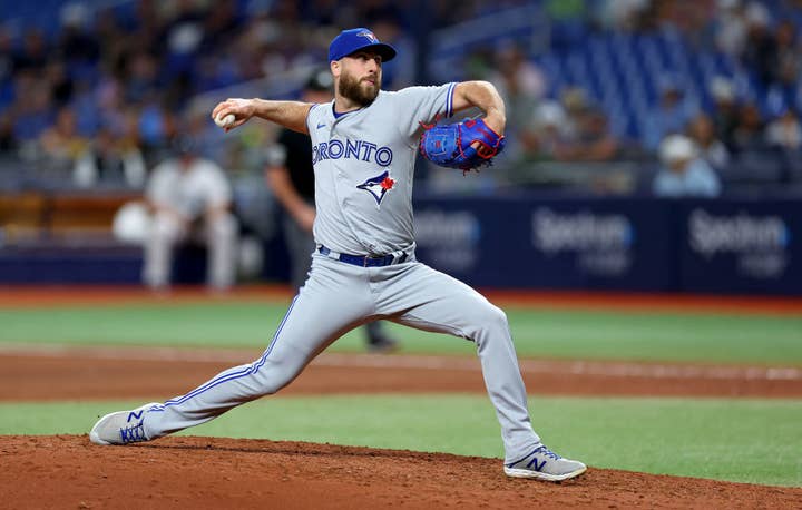 Anthony Bass of the Toronto Blue Jays pitches in the seventh inning during a game against the Tampa Bay Rays at Tropicana Field on May 22, 2023 in St Petersburg, Florida.