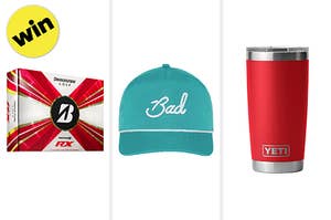 split frame of golf balls, a baseball cap, and insulated tumbler cup