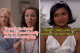 Maya Rudolph as Lillian and Wendi McLendon-Covey as Rita go dress shopping in "Bridesmaids," Mindy Kaling as Kelly wears white to a wedding