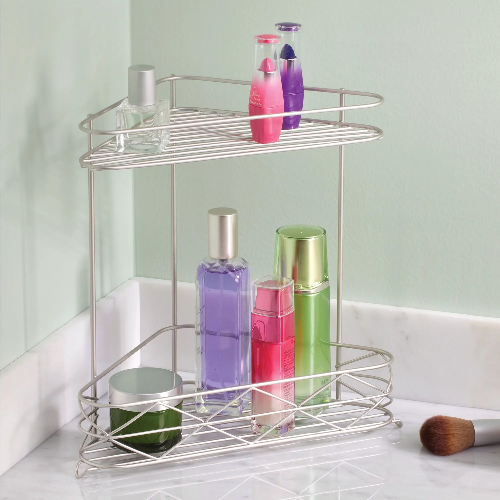 the storage caddy in the color Satin with bottles inside