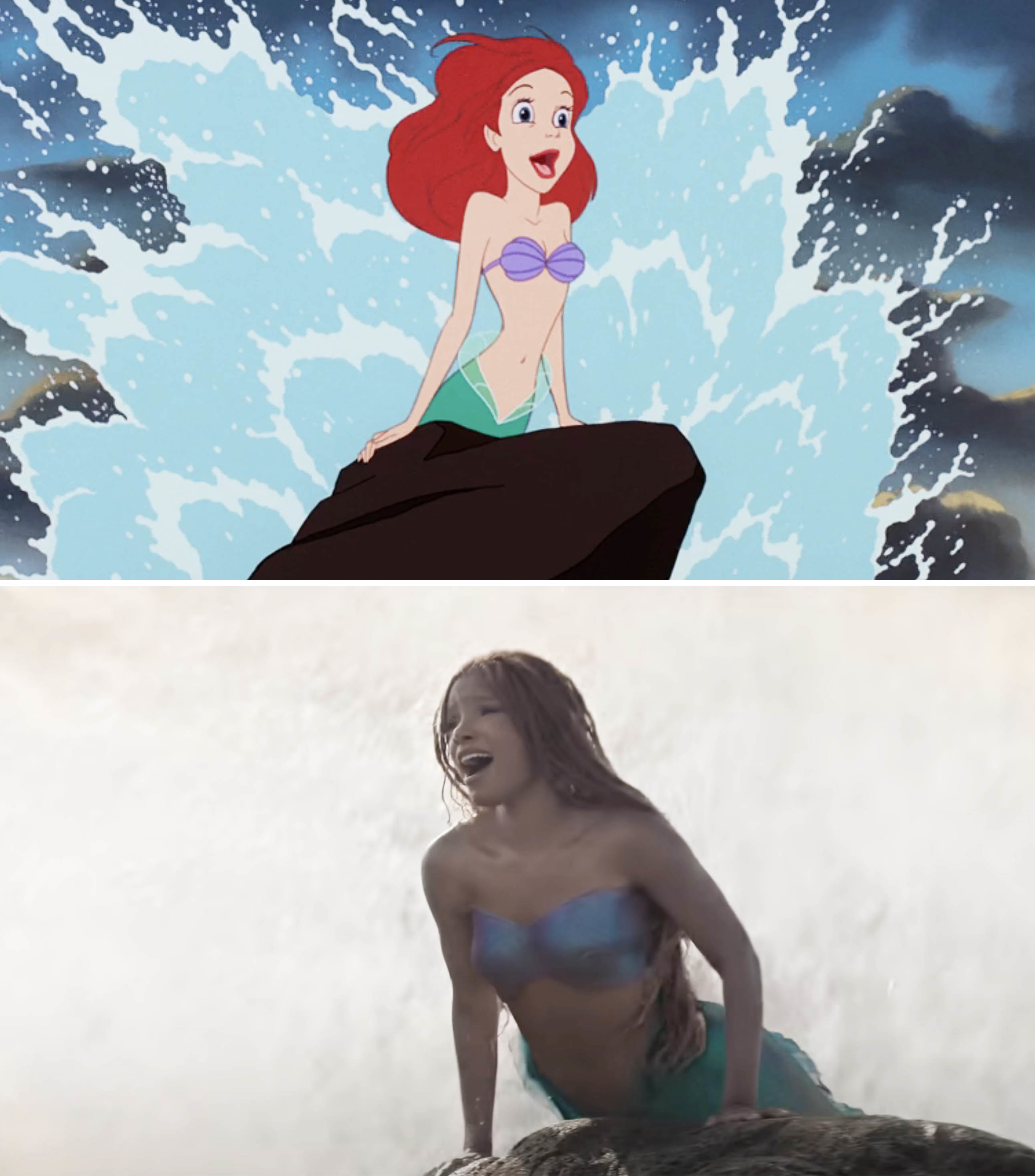 cartoon and live-action shot of ariel singing on a rock