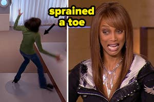 A contestant falling on the left and Tyra Banks gasping on the right