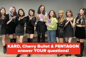 A Group Photo of BuzzFeeders Lucia & Sepi with K-Pop Group Cherry Bullet. Red box on screen which says in white text "KARD, Cherry Bullet & PENTAGON answer YOUR questions!"