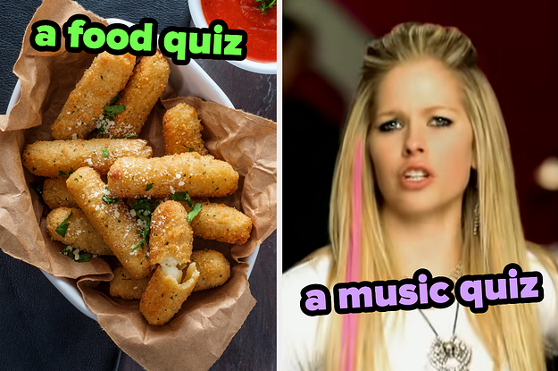 On the left, some mozzarella sticks labeled a food quiz, and on the right, Avril Lavigne in the Girlfriend music video labeled a music quiz
