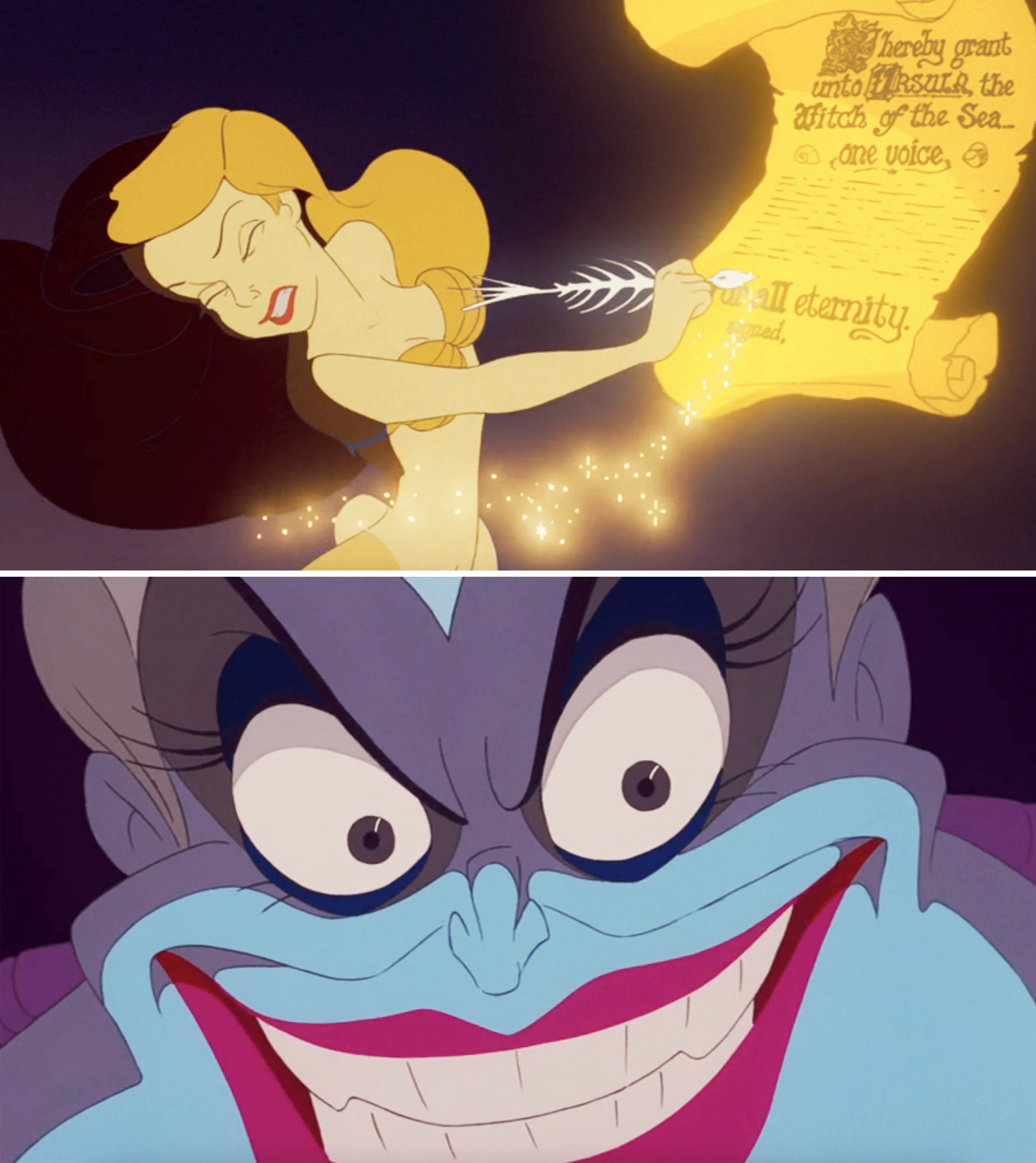 ariel signing the deal and a closeup of ursula&#x27;s grin