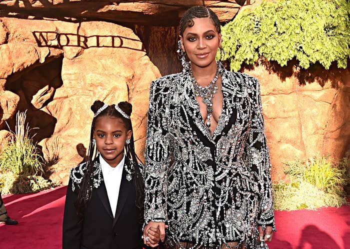 A closeup of Blue and Beyonce at a red carpet event