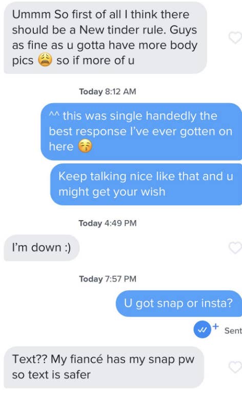 A woman compliments a man and asks for shirtless pictures, the man asks if she has Snapchat, and she says to text because her fiancé shares her Snapchat