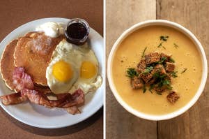 On the left, a plate with pancakes, eggs, bacon, and butter and syrup, and on the right, a bowl of squash soup