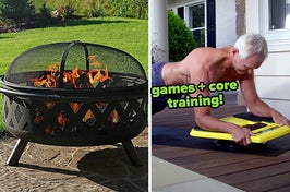 / the fire pit burning wood outside / model using the core trainer with video games on phone