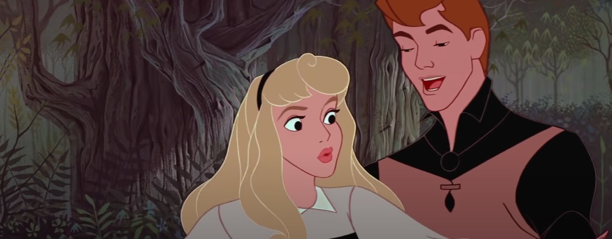 Image of Aurora and the prince in Disney&#x27;s Sleeping Beauty, with Aurora looking alarmed and the prince smug