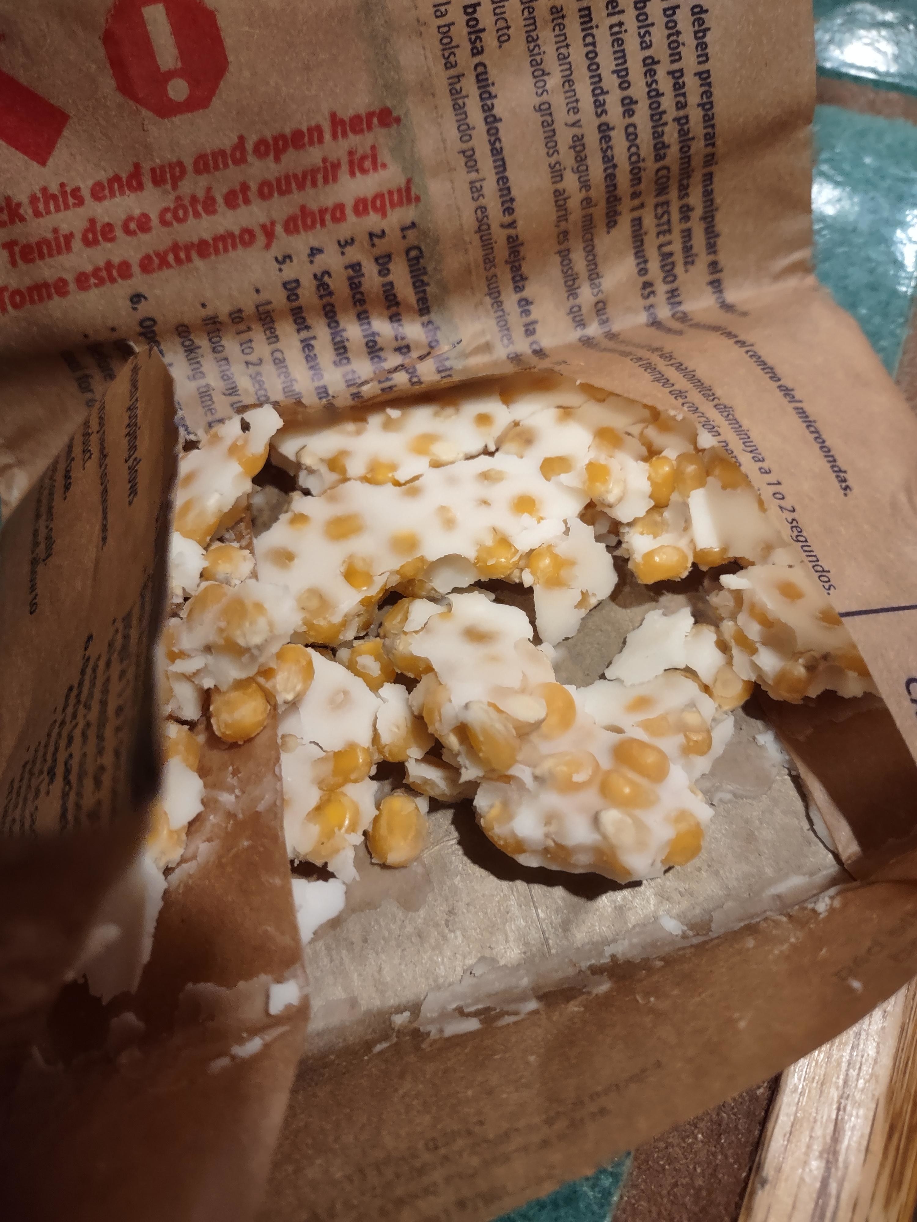 Inside a bag of microwave popcorn