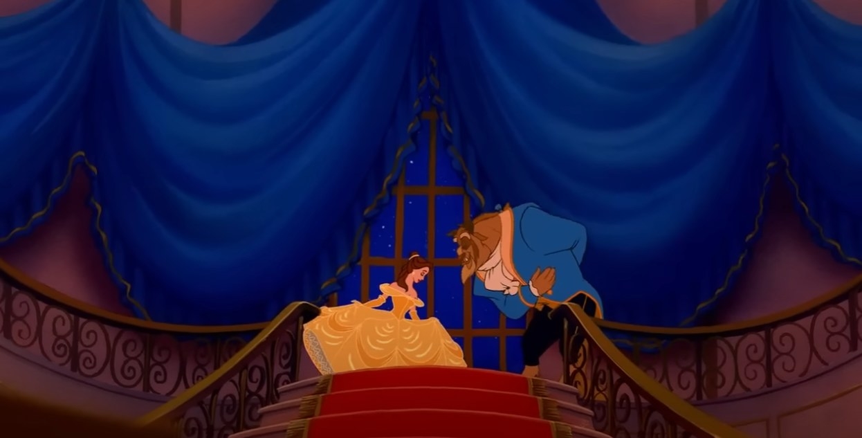 Disney&#x27;s Belle and Beast bowing/curtsying to one another at the top of a grand staircase