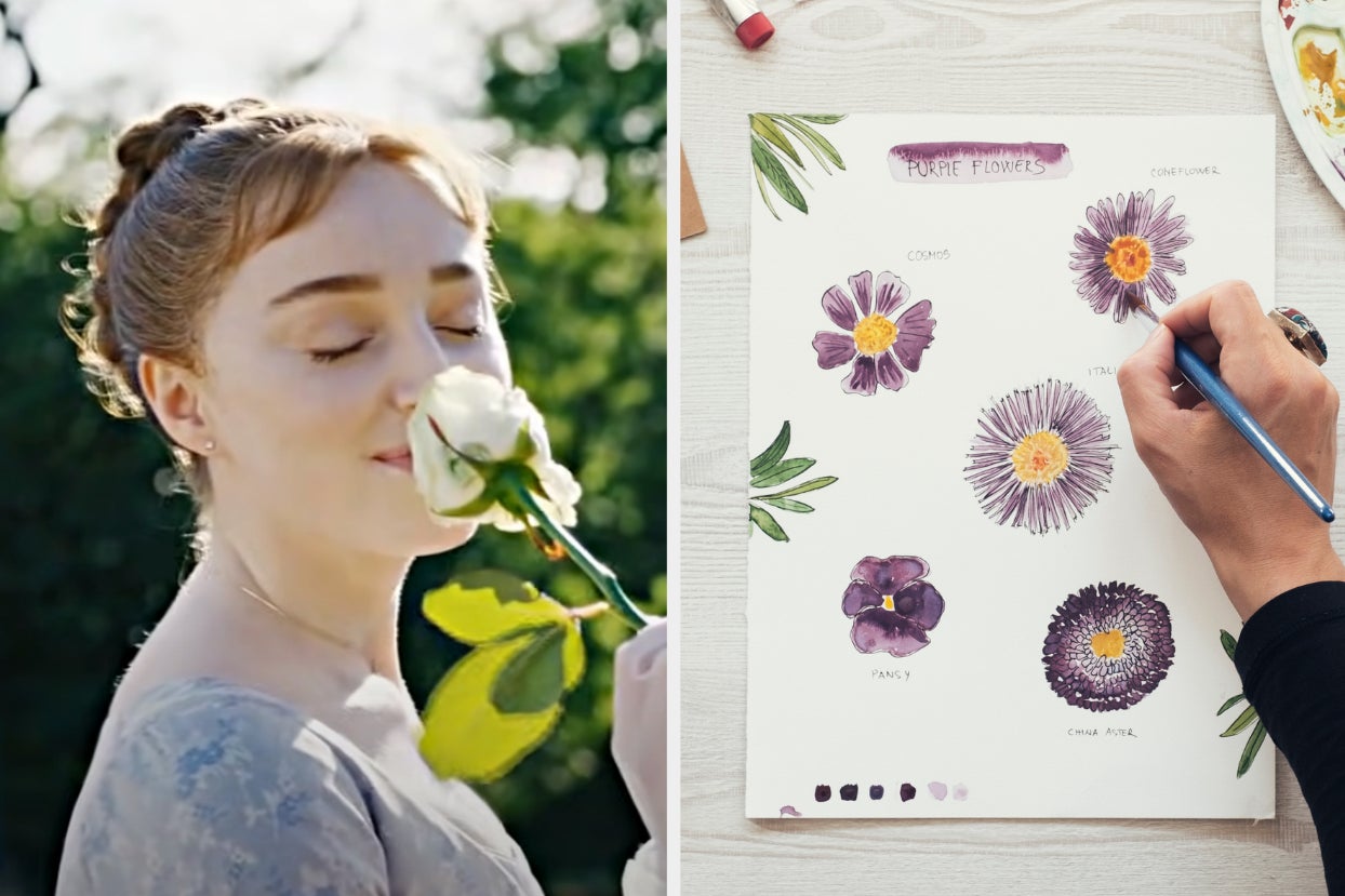 On the left, Daphne from Bridgerton sniffing a rose, and on the right, someone painting flowers