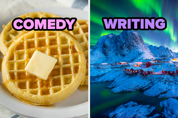 On the left, some frozen waffles with butter and syrup labeled comedy, and on the right, the northern lights above a snow-covered mountain labeled writing