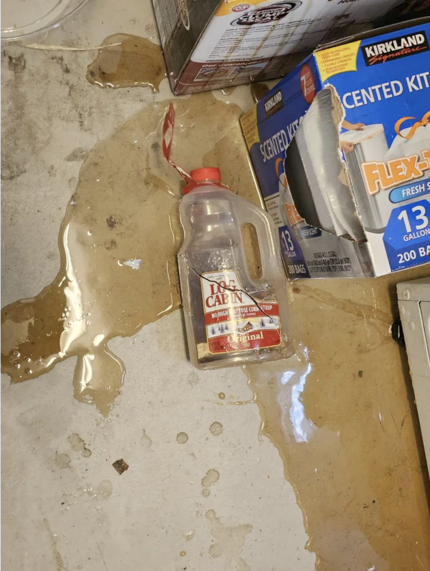 Spilled syrup all over the floor