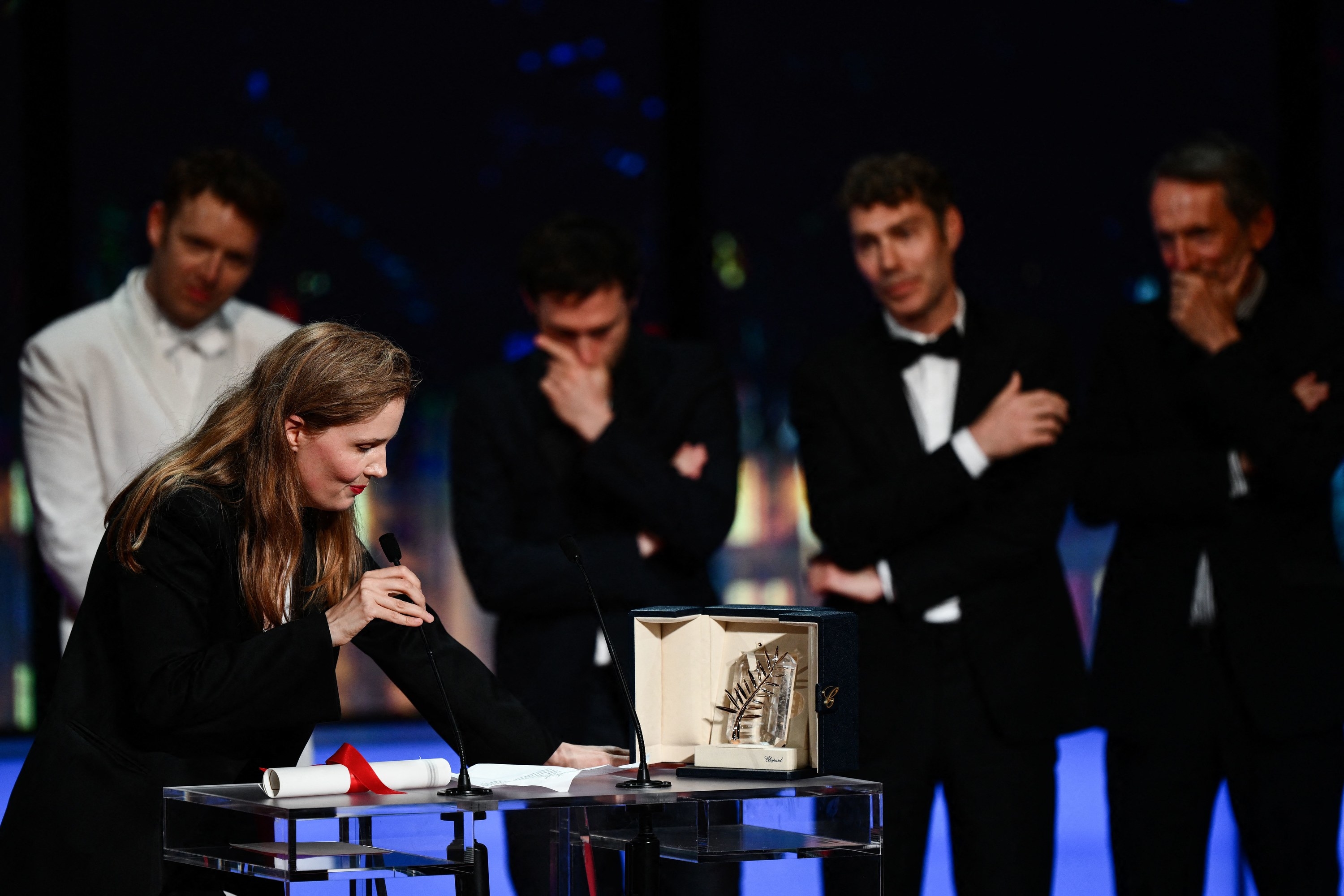 justine triet gives her acceptance speech at the cannes film festival