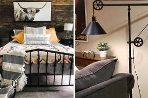a vintage-style metal bed frame on the left and an industrial reading lamp on the right