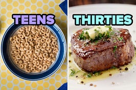 On the left, a bowl of Cheerios labeled teens, and on the right, steak topped with butter and herbs labeled thirties