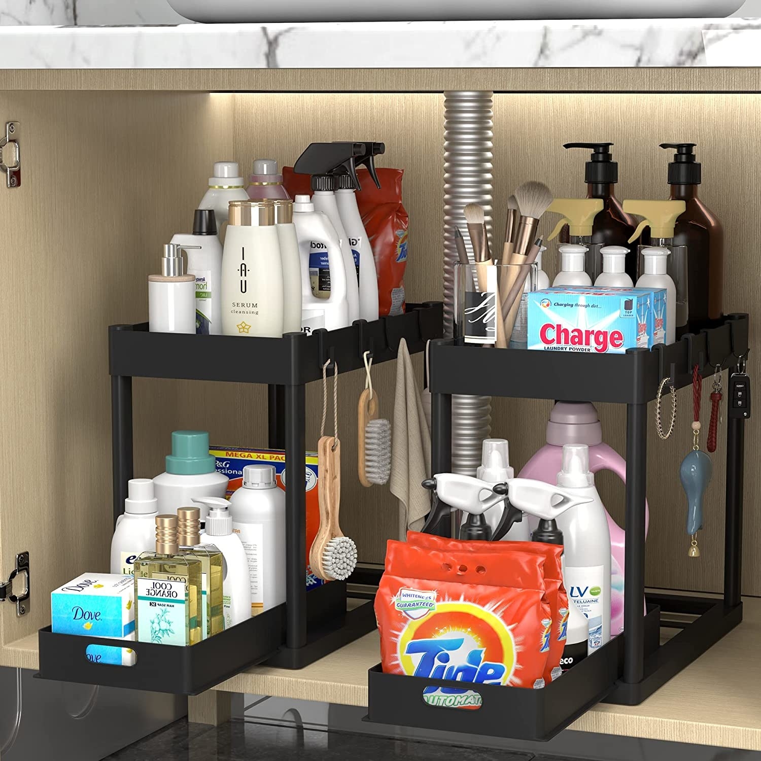 The shelves with cleaning supplies under a sink